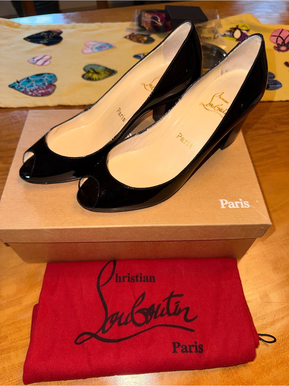 Christian Louboutin Black Patent Peep-Toe Pumps with Mid Heel